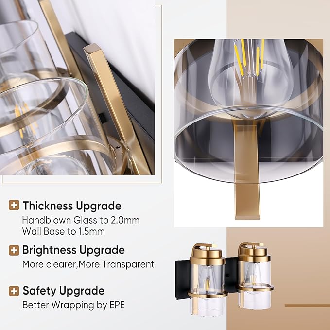 Bathroom Vanity Light Fixtures, Black Gold Vanity Lights for Bathroom 2 Lights,Gold Brushed Wall Sconce(Bulbs not Included)-Ruum Studio Home