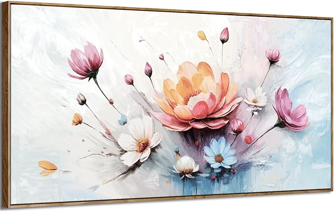 amatop Framed Floral Canvas Wall Art – Oversized Pink Blue Abstract Bloom Flower Print Daisy & Peony Picture Elegant Botanical Nature Large Artwork for Living Room Bedroom Dining Entryway Decor 58x29 inch-Ruum Studio Home