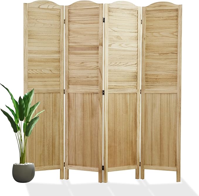 Room Partitions and Dividers, 68.9 Inch Temporary Wall with Double Hinges, Wooden Louver & MDF Stable Screens for Home Office Bedroom Coffeehouse Decoration (4 Panels, Wood Color)-Ruum Studio Home