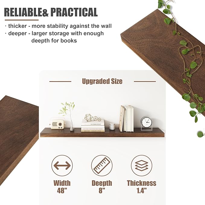 Floating Shelves for Wall, USA-Sourced Walnut Wood 48 Inch Long Wall Shelves, Natural Wooden Wall Mounted Picture Ledge Shelf, Nursery Book Storage Shelf Kids Bookshelf, Display Shelf for Bathroom-Ruum Studio Home
