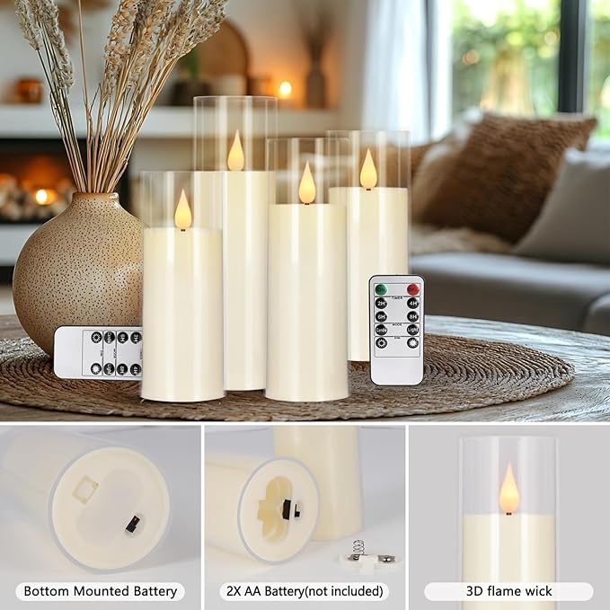Set of 24 Flameless Led Battery Opeated (D2.2'' x H5''6''7'') Realistic Moving Wick Candles with 10-Key Remotes and Cycling 24 Hours Timer