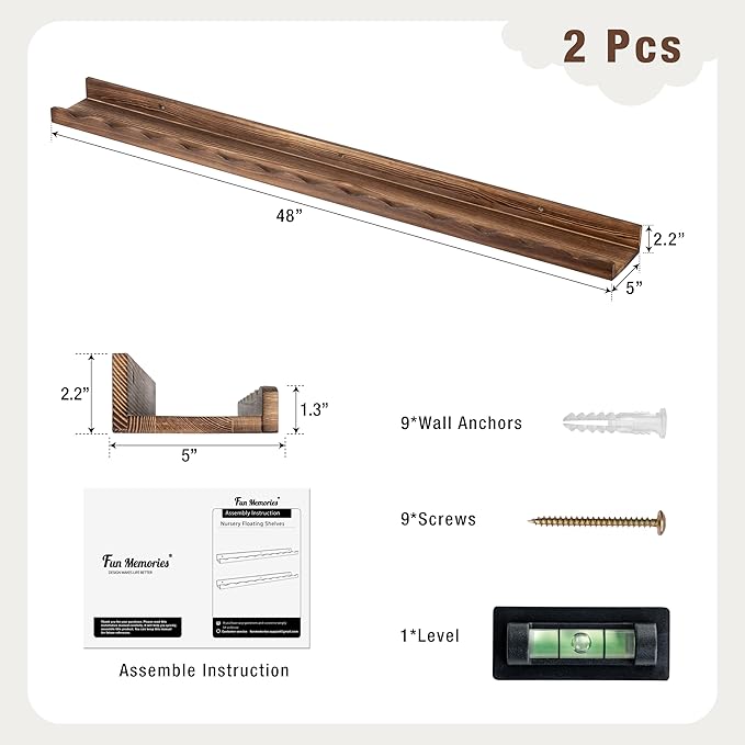 Fun Memories Picture Ledge Shelf for Wall, 48 inch Pine Wood Nursery Book Shelves Set of 2- Wall Book Shelves for Kids Room, Home Decor - Kitchen Spice-Carbonized-Ruum Studio Home