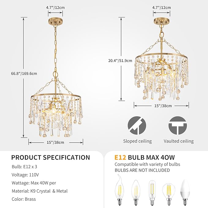 3-Lights K9 Crystal Chandeliers, Luxury Vintage Pendant Light Fixture for Dining Room, Living Room, D15*H20.4~66.8 inch (Adjustable), Clear Crystal & Gold Finish-Ruum Studio Home