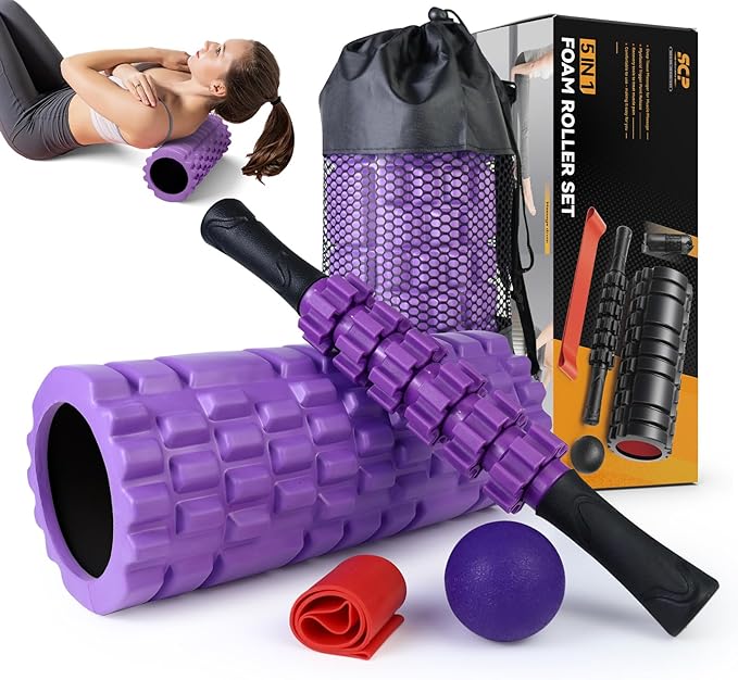 5 in 1 Foam Roller Set for Deep Tissue Muscle Massage, High Density Trigger Point Fitness Patented Exercise Foam Roller, Massage Roller, Massage Ball, Resistance Band, for Whole Body(Purple)-Ruum Studio Home