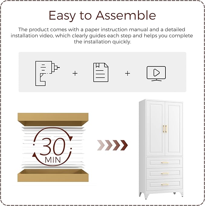 75" Kitchen Pantry Cabinet, Metal Storage Cabinets with Doors and Adjustable Shelves, White Tall Pantry Cabinet with 3 Drawers for Dinning Living Room-Ruum Studio Home