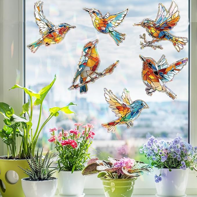 12pcs Window Decals for Bird Strikes, Anti Collision Window Clings, Rainbow Reflection Window Sticker, Hummingbird Style Sun Catcher Stickers for Glass Windows-Ruum Studio Home