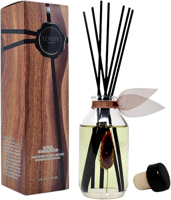 LOVSPA Reed Diffuser Set, Santal (Sandalwood) Scented Oil Diffuser with Sticks, Home Fragrance Accessories for Bathroom Shelf Decor, Aroma Diffusers for Home or Office Fall Decor, USA Made-Ruum Studio Home
