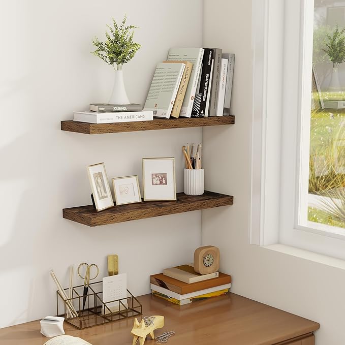 Fun Memories Floating Shelves for Wall, 22.5" Rustic Wood Deep Wall Mounted Shelves with Invisible Brackets for Decor & Storage, Floating Shelf for Living Room, Bathroom (Rustic Brown, Set of 2)-Ruum Studio Home