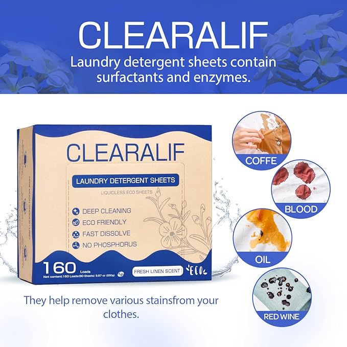 Laundry Detergent Sheets Up to 320 Loads, Fresh Linen - Great For Travel,Apartments, Dorms,CLEARALIF Laundry Detergent Strips Eco Friendly & Hypoallergenic (80 Sheets, Pack of 2)-Ruum Studio Home