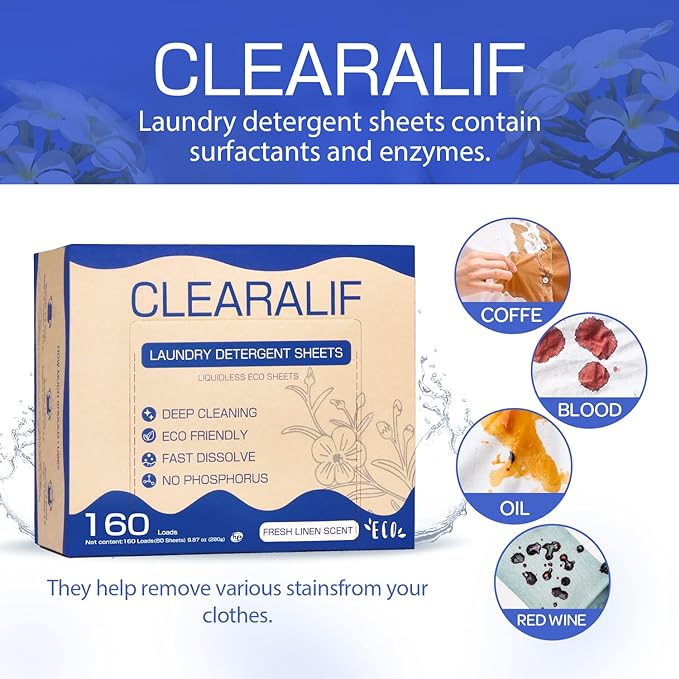 CLEARALIF Laundry Detergent Sheets Up to 160 Loads, Fresh Linen - Great For Travel,Apartments, Dorms,Laundry Detergent Strips Eco Friendly & Hypoallergenic-Ruum Studio Home