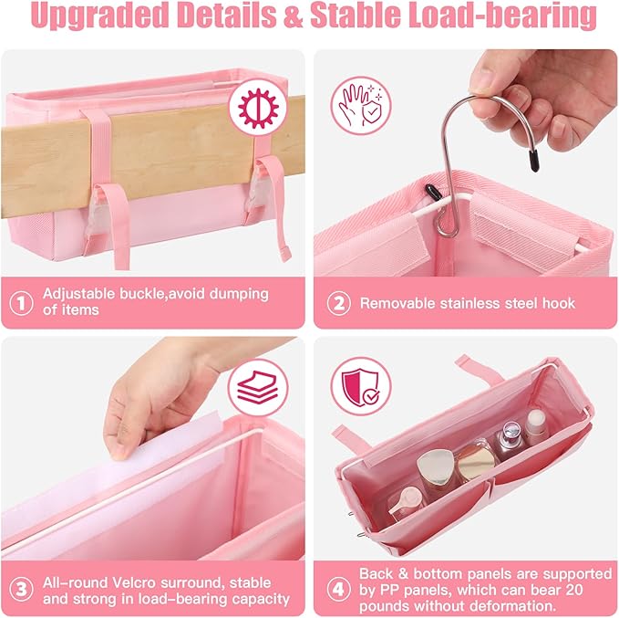 Bedside Caddy Organizer with Fixed Straps, Bunk Bed Caddy ideal for Home, Bunk Bed, Dorm, Hospital, Crib, Versatile Bedside Storage Solution (Pink)-Ruum Studio Home