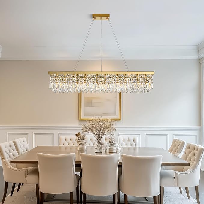 10 Lights Modern Crystal Chandelier, Gold K9 Rectangle Rectangular Chandeliers,Luxury Flush Mount Pendant Ceiling Light for Dining Room Kitchen Island L47''xW10''xH10''-Ruum Studio Home