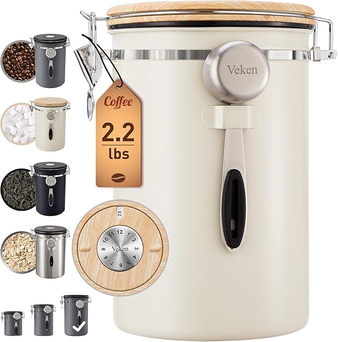 Veken Coffee Canister, 39OZ Large, Airtight Stainless Steel Food Storage Container for 2.2lbs Coffee Beans, Ground, Sugar, Tea, Flour, Rice, Cereal, Cookies Jars, Bar Accessories & Gifts, Cream-Ruum Studio Home