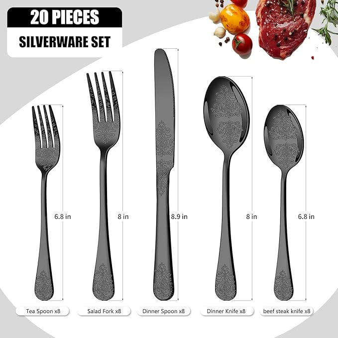20 Pcs Black Silverware Set for 4 with Classical Flower Embossed Design, Food Grade Stainless Steel Flatware Set, Eating Utensils Sets Include Fork/Knife/Spoon, Cutlery Set, Dishwasher Safe-Ruum Studio Home