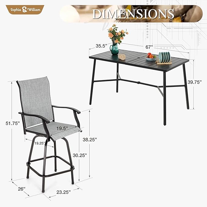 Sophia & William Outdoor Bar Set, Patio Bar Table and Chairs Set, Bar Height Patio Set - 4 x Swivel Bar Chairs(Grey), 1 x Rectangular Bar Table(Wood-Like)-Ruum Studio Home
