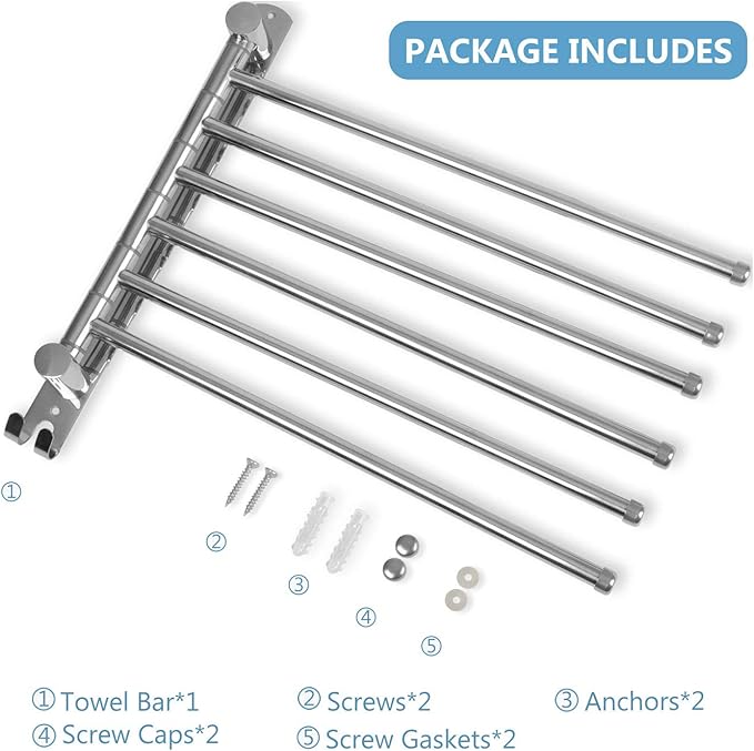 Towel Rack Wall Mounted JSVER Bathroom Towel Rack, Space Saving Towel Holder, Swivel SUS304 Stainless Steel Towel Bar, 180° Rotation 6 Arms Towel Racks for Bathroom-Ruum Studio Home
