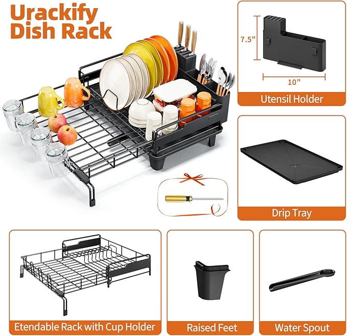 Extendable Dish Drying Rack, Multifunction Dish Rack for Kitchen Counter, Expandable Dish Drainer Over Sink, Large Dish Strainer with Cups Holder, 1 Tier Black-Ruum Studio Home