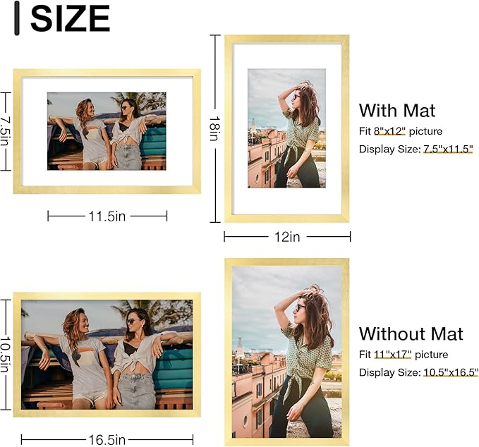 Vittanly 11x17 Picture Frames Set of 9, Shatter Resistant Plexiglass, Display 8x12 Pictures with Mat or 11x17 without Mat, Photo Frames for Wall Mount, Engineered Wood, Gold-Ruum Studio Home