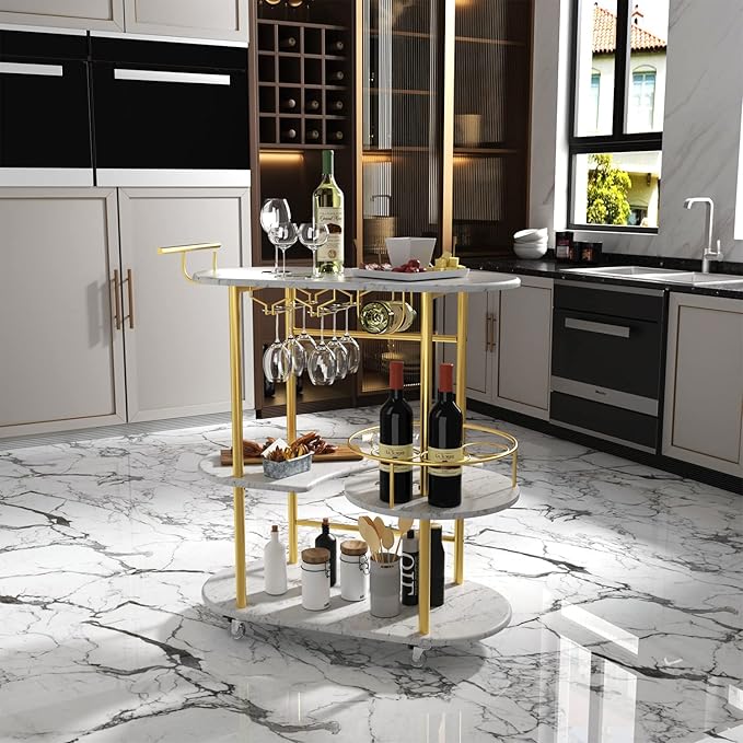 Gold Bar Carts with 4-Tier Storage Shelves, Mobile Bar Serving Cart with Wine Rack and Glass Holder, for The Home, Kitchen, Living Room, Dining Room-Ruum Studio Home