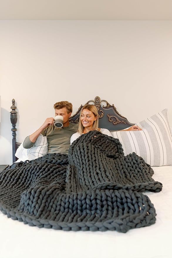 Nuzzie Chunky Knit Weighted Blanket - Breathable, Cooling, Hand Made Knit Throw Blanket for Sleep - Machine Washable, Stylish Decor Design (Charcoal, Queen | 28lbs | 80"x80")-Ruum Studio Home