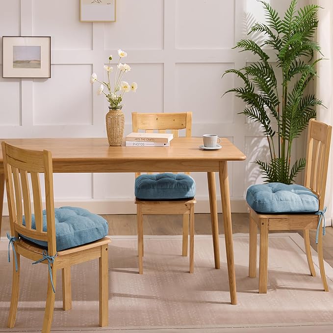 Chair Cushions for Dining Chairs, Dining Chair Cushions, Tufted Indoor Chair Pads with Ties & Non Slip Backing, Seat Cushions for Kitchen Chairs 16.5” x 16.5” x 3.5”, Set of 6, Light Blue-Ruum Studio Home