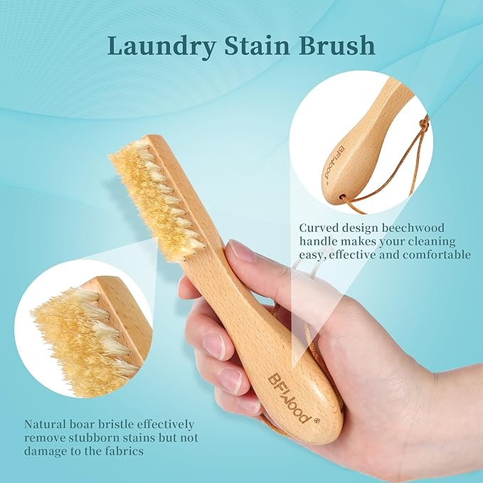 BFWood 2PCS Laundry Stain Brush - Natural Soft Boar Bristles, Removes Tough Stains from Delicate Fabrics Like Knits, Cotton, and Linens, Gentle on Fabrics, No Damage-Ruum Studio Home
