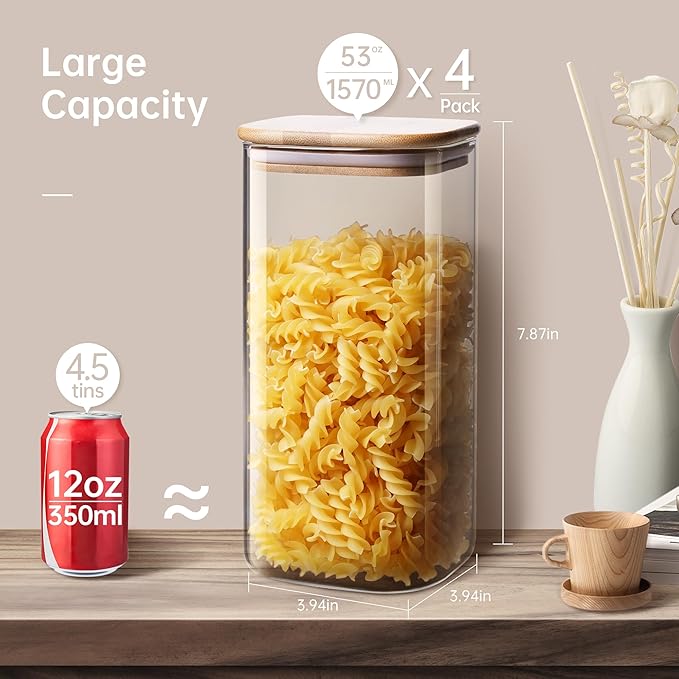 Square Glass Jars with Bamboo Lids 53 FL OZ [Set of 4], Glass Canisters with Airtight Lid, Glass Food Storage Containers for Pasta, Cereal, Coffee, Flour, Sugar, Best for Kitchen & Pantry-Ruum Studio Home