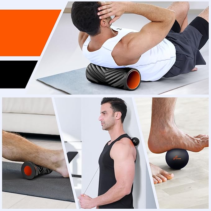 Sportneer 4 in 1 Foam Roller Set: Dual Textures Foam Roller, Foot Roller, Lacrosse Ball, Traction Massage Ball with String, Deep Massage Roller for Whole Body Release, Physical Therapy-Ruum Studio Home