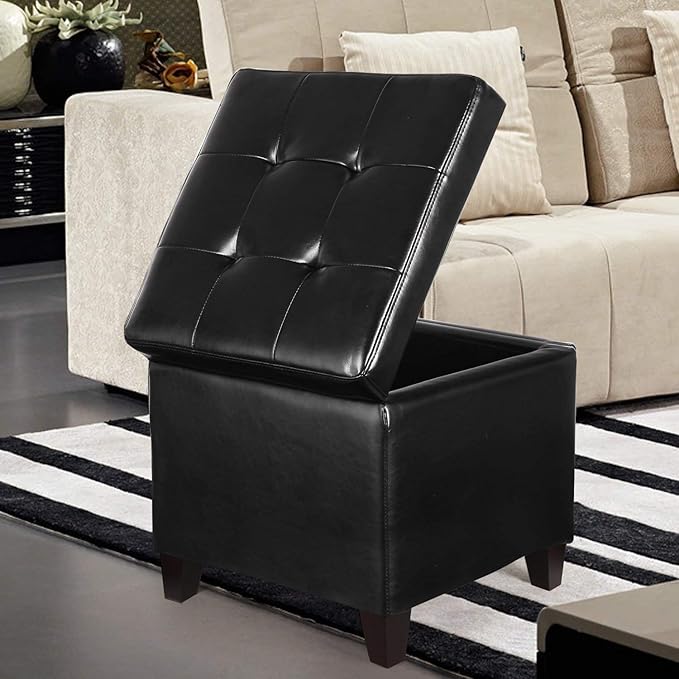 Adeco Storage Ottoman Foot Rest Stool, Leather Ottoman Footstool with Wood Legs and Hinged Lid, 18" Small Foot Stool Bench for Living Room, Bedroom, Black-Ruum Studio Home