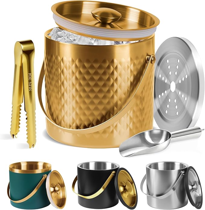 Ice Bucket, Gold Ice Bucket 3L with Silicone Sealing Ring Double-Wall Vacuum Insulation Champagne Buckets with Filter Layer Ice Tongs Ice Scoop (Gold, 3 L)-Ruum Studio Home