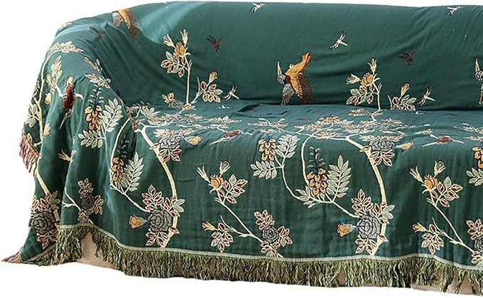 Boho Muslin Blanket for Adults 4-Layer Gauze Twin Size Soft Cozy 100% Cotton Summer Cooling Blanket Floral Decor for Sofa Bed Coverlet Both Sides (Tassels Birds and Floral, Twin 60 x 80 in)-Ruum Studio Home
