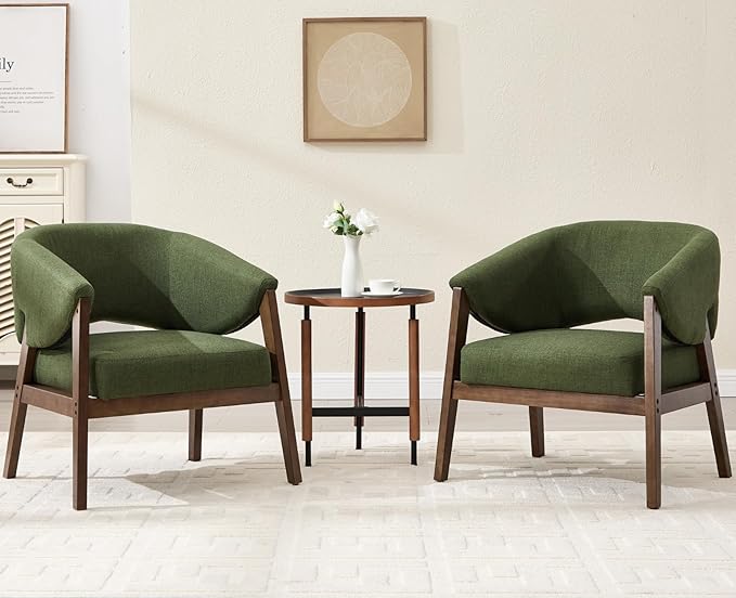 Mid-Century Modern Accent Chairs Set of 2, Comfy Barrel Armchairs with Wide Seat, Upholstered Lounge Chairs with Walnut Wood Legs for Living Room/Bedroom/Reading Corner, Linen Fabric, Deep Green-Ruum Studio Home