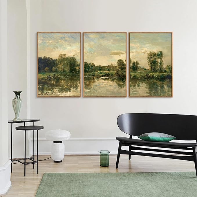 Tinonedraw Vintage Landscape Framed Canvas Wall Art Set of 3, French Country Art Prints, Nature Green Trees and Lake Art Paintings, Rustic Aesthetic Wall Decor for Living Room Bedroom Office 16"x24"x3-Ruum Studio Home