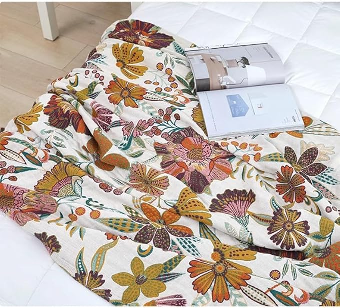 Boho Muslin Blanket for Adults 4-Layer Gauze 80 x 90 Inches Soft Cozy 100% Cotton Summer Cooling Blanket Colorful Floral Decor for Sofa Bed Coverlet Both Sides (A Summer Floral, 80 x 90 in)-Ruum Studio Home