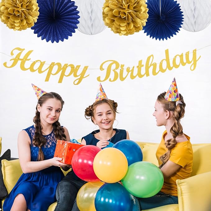 Navy-Blue Gold Birthday Party-Decorations Paper-Flowers - 14pcs Happy Banner Royal Lanterns Tissue Pom Poms,Men Streamers Garland Fans Honeycomb,Teen Boys Male Kids Hanging Supplies Decor Hugfond-Ruum Studio Home