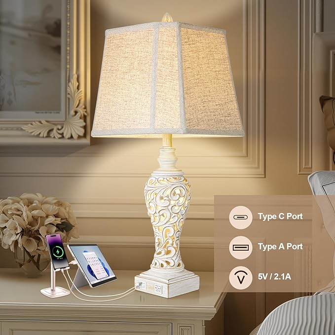 Vintage Table Lamps Set of 2, 28.5'' High Bedside Lamps with Fabric Shade, Farmhouse Nightstand Lamps with USB A+C Ports and Nightlight - Perfect for Living Room Bedroom Office Study (Bulb Included)-Ruum Studio Home