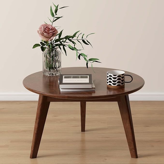 100% Solid Oak Wood Mini Coffee Table, Round Living Room Table Side Table w/Solid Wood Legs, Walnut Mid Century Sturdy Tables for Bedroom Balcony Living Room (23.62" D x 13.78" H)-Ruum Studio Home