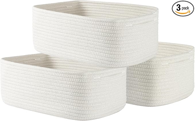 KALLAX Small Woven Basket, 13.5 x 9.5 x 5 Inches, Storage Basket for Organizing, Cute Small Rope Shelf Closet Cube Storage Bins Baskets for Shelves, Dog Toy Gift Baskets Empty, 3 Packs, Off White-Ruum Studio Home