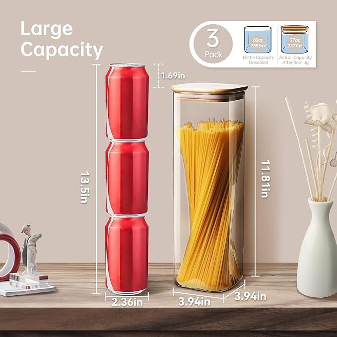 Square Glass Jars with Bamboo Lids 79 FL OZ [Set of 3], Glass Canisters with Airtight Lid, Glass Food Storage Containers for Spaghetti, Fettuccine, Linguine,Pasta, Best for Kitchen & Pantry-Ruum Studio Home