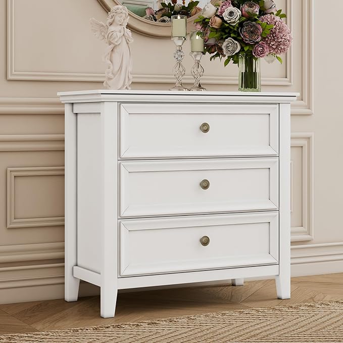 BLANKSPACE White Dresser, 3 Chest Drawer Dresser for Bedroom, Large Capacity Nightstand, Modern Wood Cabinet for Bedroom, Living Room, Closets-Ruum Studio Home
