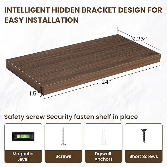 24 Inch Floating Shelves, 12 Inch Deep Floating Shelves for Wall, Floating Shelf with Invisible Brackets, Deep Shelves for Bathroom, Bedroom, Living Room, 2 Pack, Walnut-Ruum Studio Home