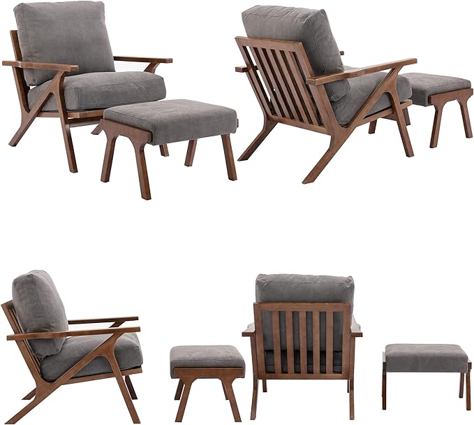 Mid Century Modern Accent Chair with ottoman, Farmhouse Linen Upholstered Living Room Armchair and Ottoman Set, 23" Seat Wide Retro Leisure Lounge Chair with Wood Frame for Home, Bedroom, Office, Grey-Ruum Studio Home