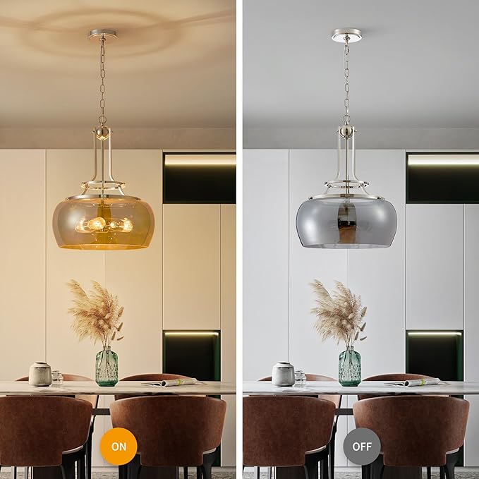 WUZUPS Nickel Chandelier Rustic Farmhouse Industrial Round Ceiling Pendant LED Light Fixture Electroplated Gray Glass Shade for Dining Room Kitchen Island Foyer Entryway, H 20.9" W 15.9", E26 Base-Ruum Studio Home