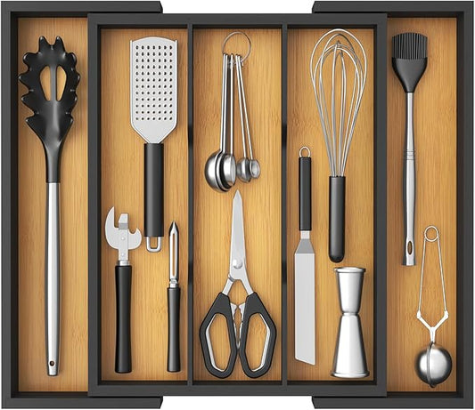 Lifewit Utensil Organizer for Kitchen Drawer, Bamboo Cooking Utensil Tray, Expandable Cutlery Silverware Flatware Holder, Adjustable Spatula Tools Gadgets Storage Divider, Large, Natural and Black-Ruum Studio Home