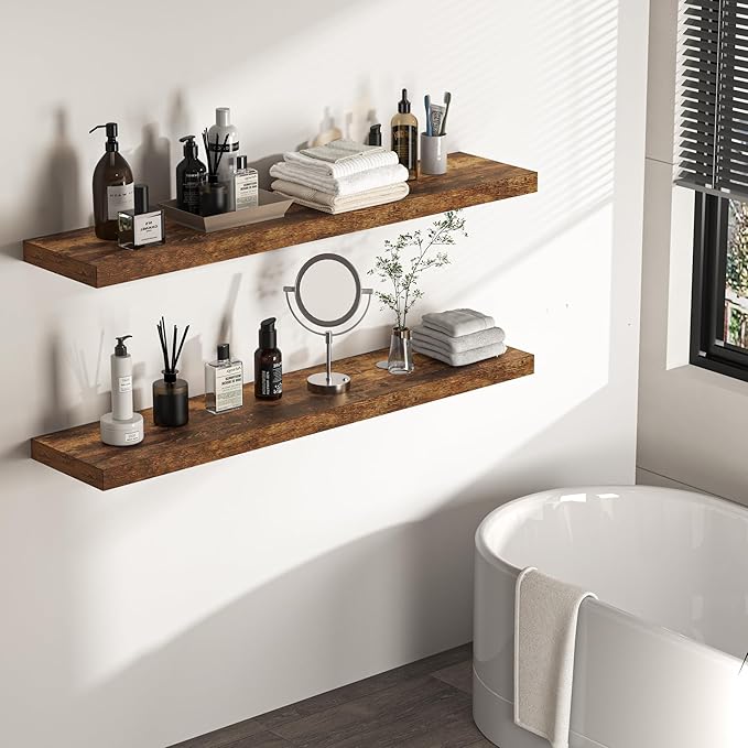 Floating Shelves - 10.23 Inch Deep Wall Shelf for Decor & Storage - Wall Mounted Display Shelving with Invisible Heavy-Duty Metal Bracket - 48" W x 10.23" D x 1.8" H - Set of 1 - Rustic Brown-Ruum Studio Home