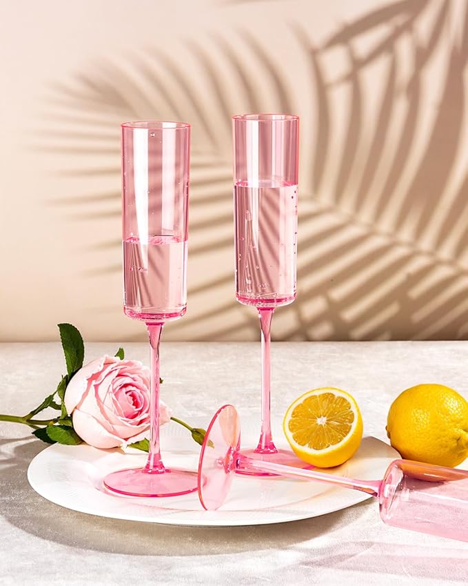 Ciaell 24 Pack Pink Plastic Champagne Flutes - Pink 6 Oz Disposable Champagne Glasses - Square Plastic Toasting Glasses for Party Birthday Anniversary Wedding-Ruum Studio Home