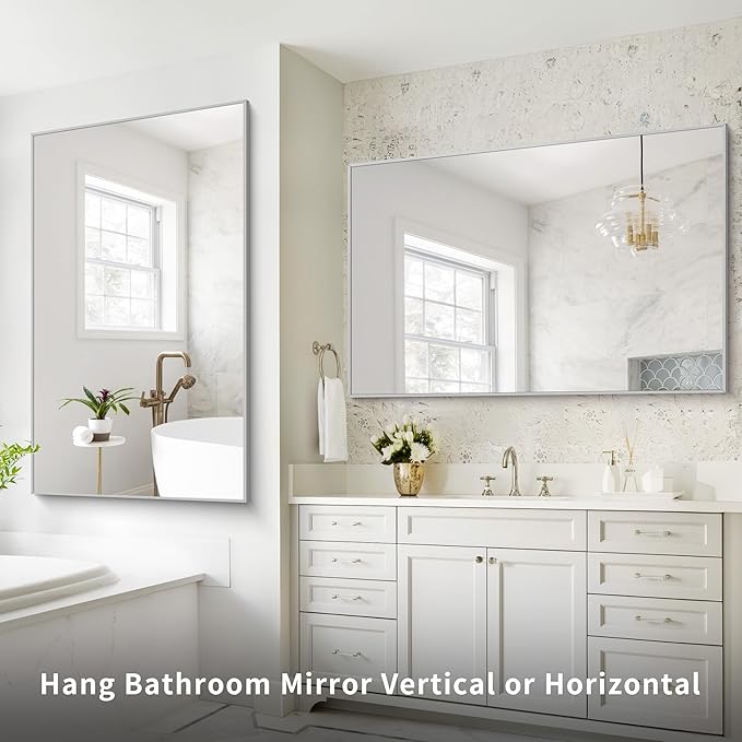 36x55 inch Bathroom Mirror, Silver Rectangle Mirror with Thin Metal Frame, Large Rectangular Wall Mirrors for Bathroom, Living Room, Big Mirror Hang Horizontal/Vertical-Ruum Studio Home