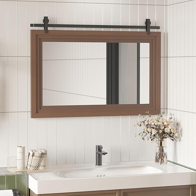 ALBAD Farmhouse Wood Framed Wall Mirror, Natural Wood and Framed Wall Mounted Bathroom Vanity Mirror for Farmhouse Decor, Vertical or Horizontal Hanging-Ruum Studio Home