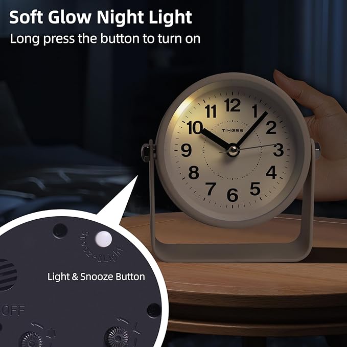 Analog Alarm Clock, Silent Non-Ticking Quartz Movement, Battery-Operated with Snooze & On-Demand Light, Easy to Set Gentle Wake Bedside Desk Clock, Ideal for Home, Travel, Office (Yellow)-Ruum Studio Home