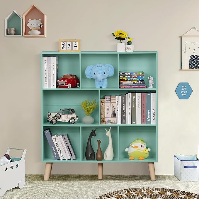 LEYAOYAO 8 Cube Bookshelf 3-Tier Bookcase with Legs, Mint-Green Kids Book Shelf Cute Storage Organizer, Large Open Toy Shelves Modern Bookshelves,Display Bookcases for Bedroom,Living Room,Nursery-Ruum Studio Home